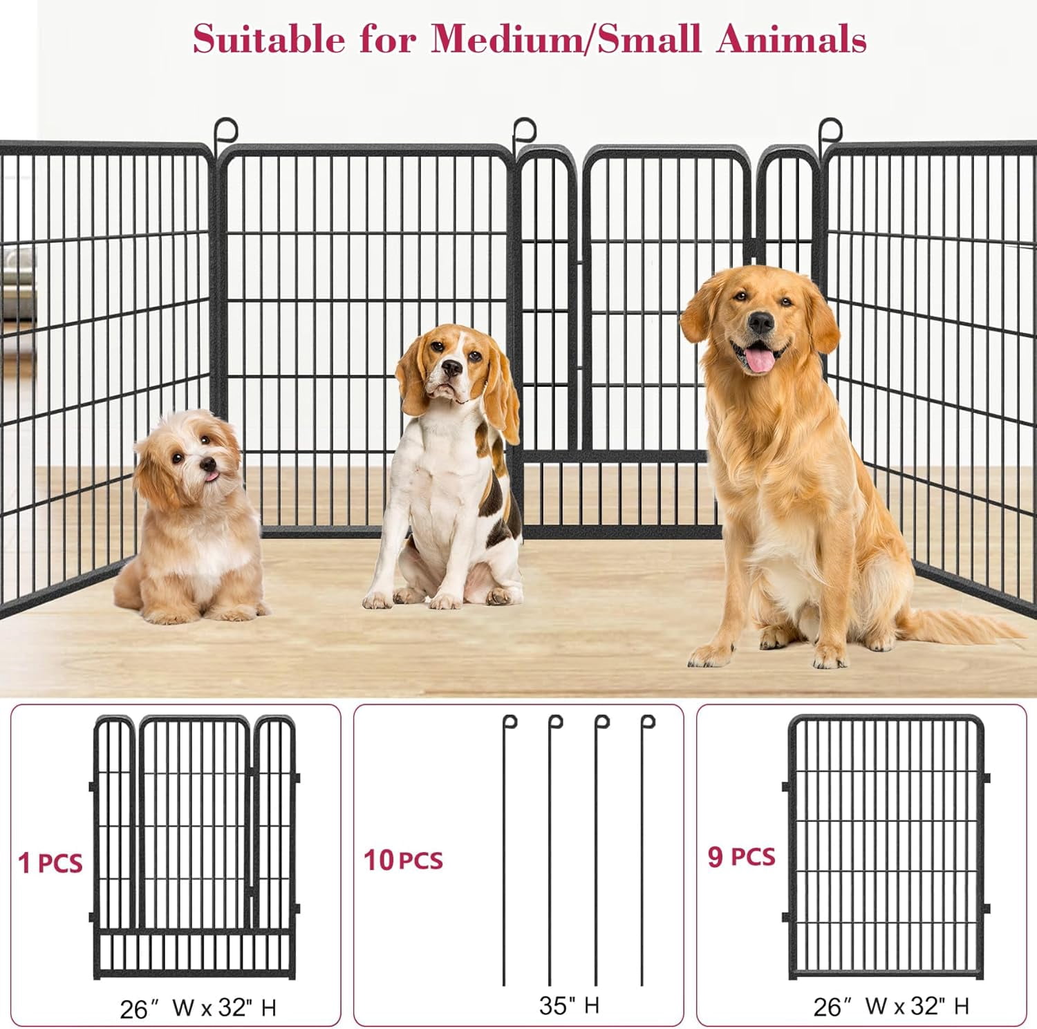 Jhsomdr Dog Playpen Outdoor 10 Panel 32" Height x 26" Width Pet Fence Heavy Duty Puppy Playpen Dog Exercise Pen with Door for Small/Medium Dogs