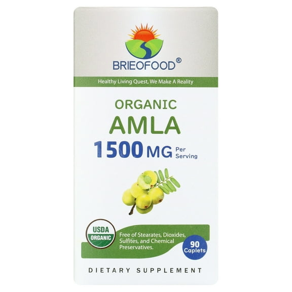 Brieofood Organic Amla 1500mg, 45 Servings, Vegetarian, Gluten Free, 90 Vegetarian Tablets