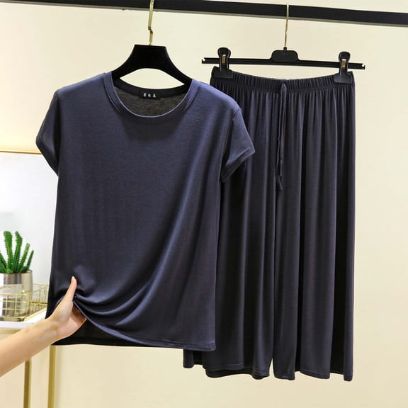 Timegard 2 Piece Sets for Women Cap Sleeve Tops Capri Pants Pajamas Causal Loose Soft Outfits Homewear