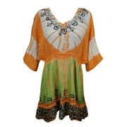 Mogul Womens Tie Dye Dress Floral Embroidered Orange Rayon Summer Beach Cover Up