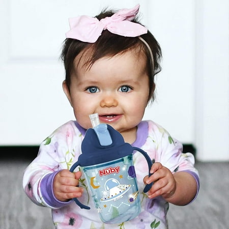 Nuby No Spill Flip N Sip 2 Handle Tritan 360 Weighted Straw Glitter Print - 8oz/ 240 Ml/ 12 M+, Colors Vary: Blue Space, Red Dinosaur, Pink Fox, Green Swan