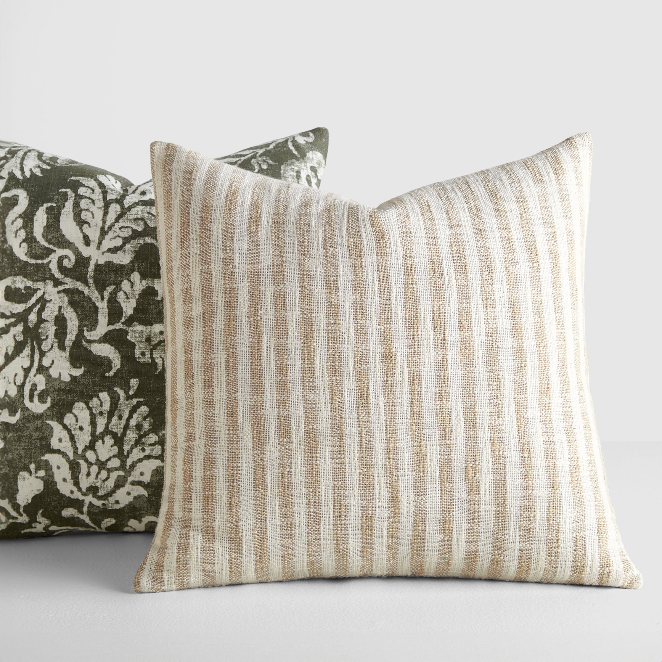 Noble Linens 2-Pack Decor Throw Pillows Floral Olive and Yarn-Dyed Bengal Stripe