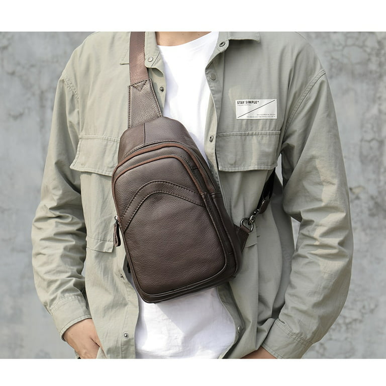 Ninesung Male Genuine Leather Chest Bag Shoulder Messenger Bag Men