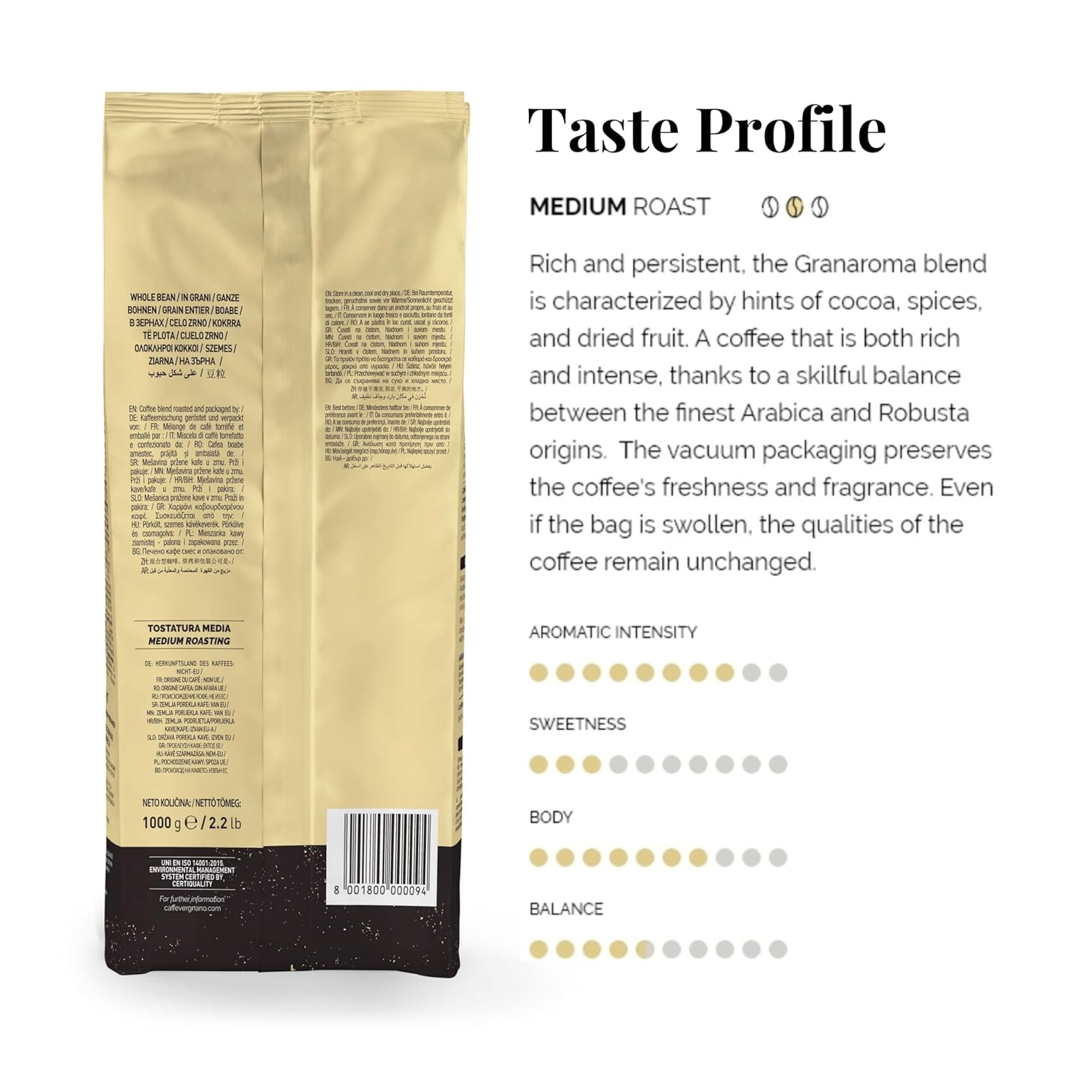 Caffe Vergnano 1882 Gran Aroma Whole Bean Arabica Medium Espresso Roast Coffee, 2.2lbs Bag