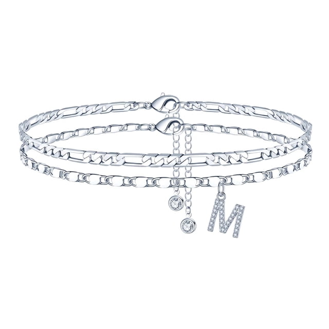 Tobillera Bracelet Ursteel con letra M chapada en plata, 21,5 cm