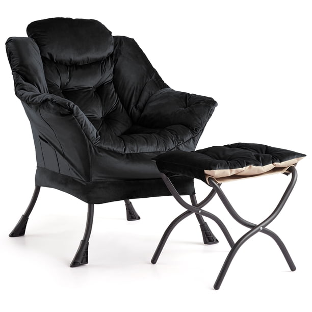 Yeshouse Sillón con otomana, moderno sillón con reposabrazos y bolsillo lateral, cómodo sillón de lectura de piel sintética con patas de metal para dormitorio, sala de estar, oficina