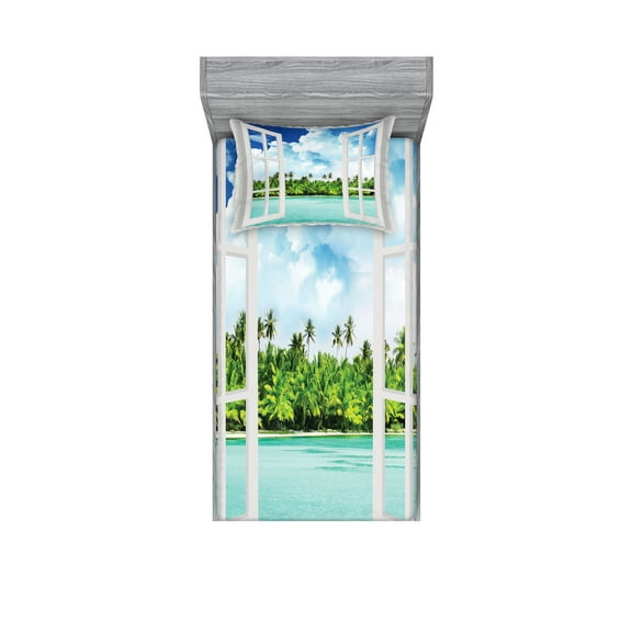 Ambesonne Tropical Fitted Sheet & Pillow Sham Set, Exotic Forest near Ocean, Twinxl, Aqua Green and Blue