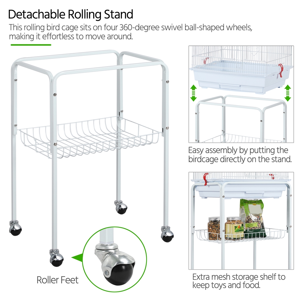 Alden Design 64" Large Rolling Metal Bird Cage with Open Top, White