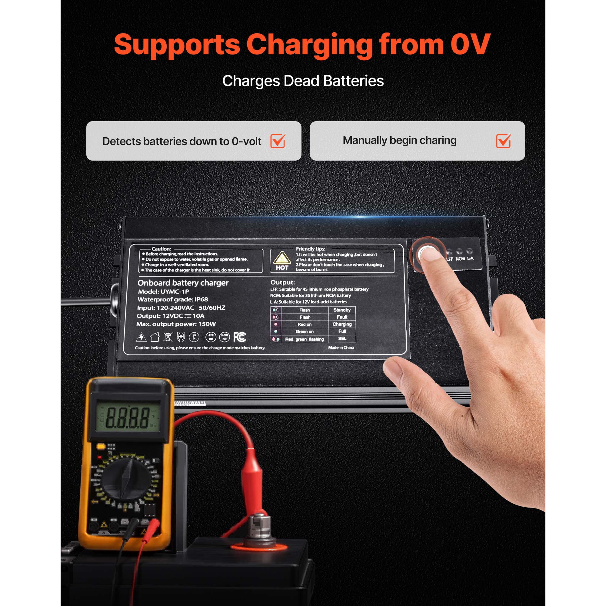 KFFKFF 1-Bank 10A 12V Onboard Marine Battery Charger, IP68 Waterproof Smart Charger for Lithium-Ion (LiFePO4), NCM, and Lead-Acid Batteries, Suitable for Boats, Yachts, RVs, and Trailers