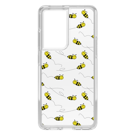 DistinctInk Clear Shockproof Hybrid Case for Galaxy S21 ULTRA 5G (6.8" Screen) - TPU Bumper, Acrylic Back, Tempered Glass Screen Protector - Repeating Bumble bees