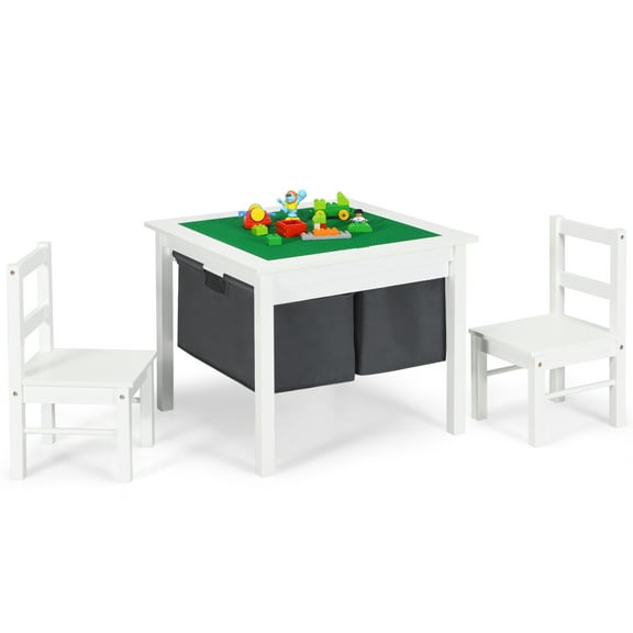 Gymax 2-in-1 Kids Activity Table & 2 Chairs Set w/Storage Building Block Table White
