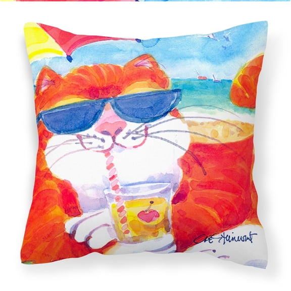 Carolines Treasures 6118PW1414 Cool Cat with Sunglasses at the beach Decorative   Canvas Fabric Pillow 14Hx14W