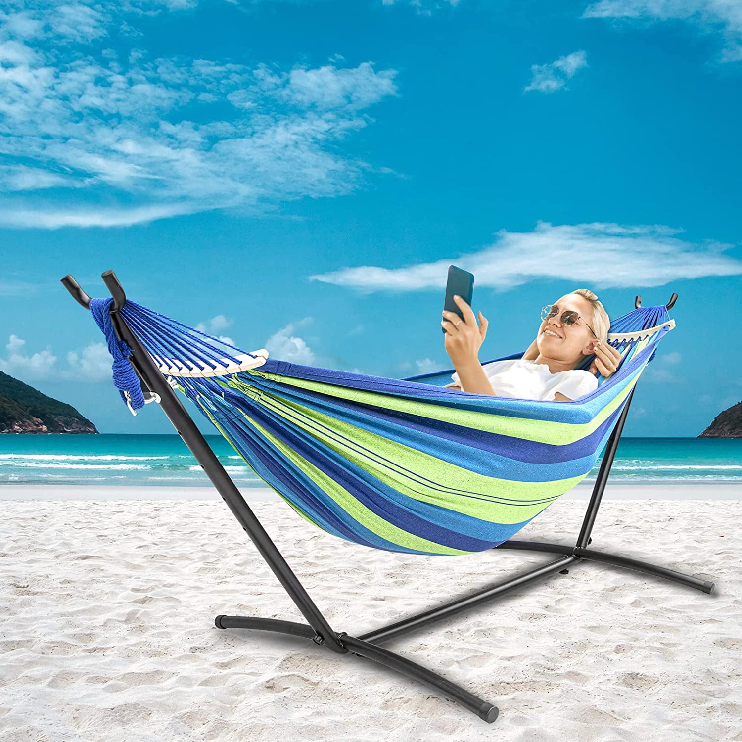 SZHLUX Double Hammock with Stand Included 450lb Capacity Steel Stand, Premium Carry Bag Included.Indoor Outdoor Brazilian-Style Cotton Bed for Backyard, Camping,Garden,Green