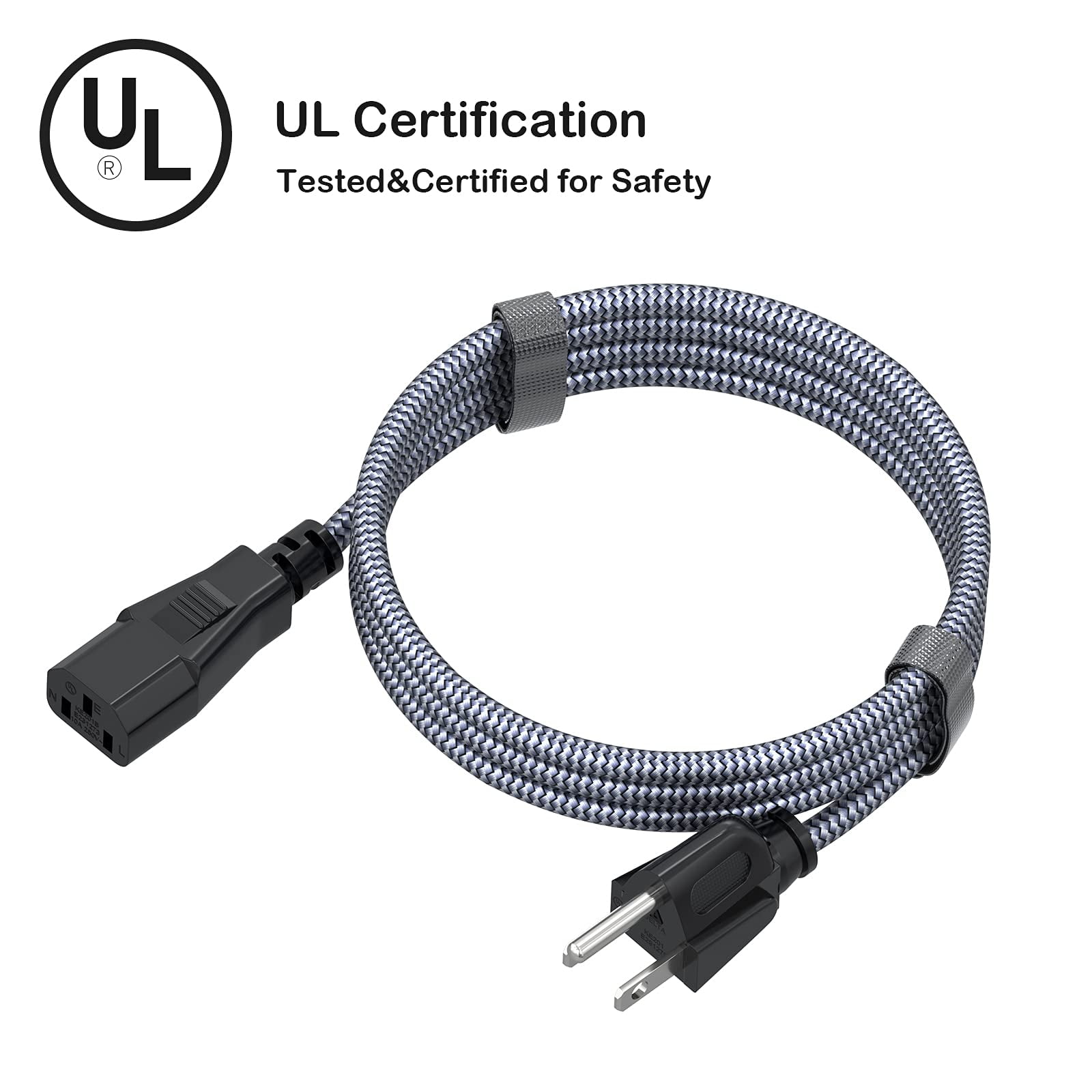 Quyaojz Power Cord, [6.6FT, 2-Pack] AC Power Cable 10A 250V Nylon Braided 3 Prong Power Cord 18AWG Replacement 3-Pin Power Cables UL Certified for Computer, TV, Monitor, Printer, PC, Projector