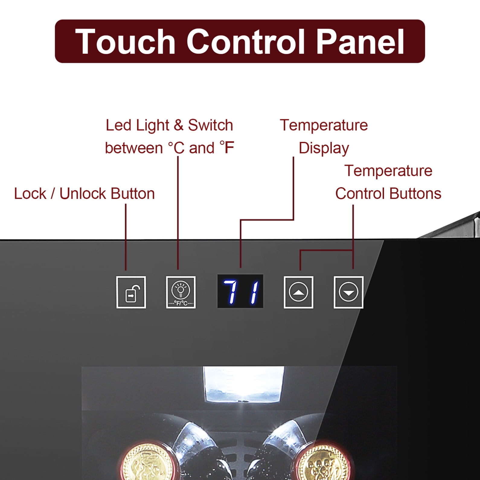 Electronic Wine Cooler Cabinet with Digital Touchscreen, Glass Display Cabinet with Stemware Holder and LED Light,  Compressor Refrigeration for Home, Commercial, Bar, Black