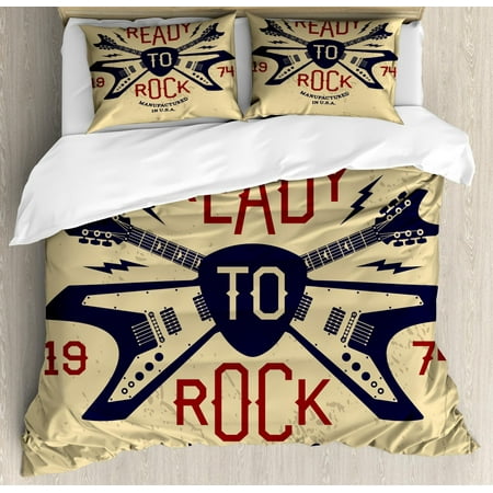 Classic Rock Duvet Cover Set Queen Size, Ready to Rock Saying with Flying V Guitar and Pick Vintage Print, Decorative 3 Piece Bedding Set with 2 Pillow Shams, Beige Ruby Night Blue, by