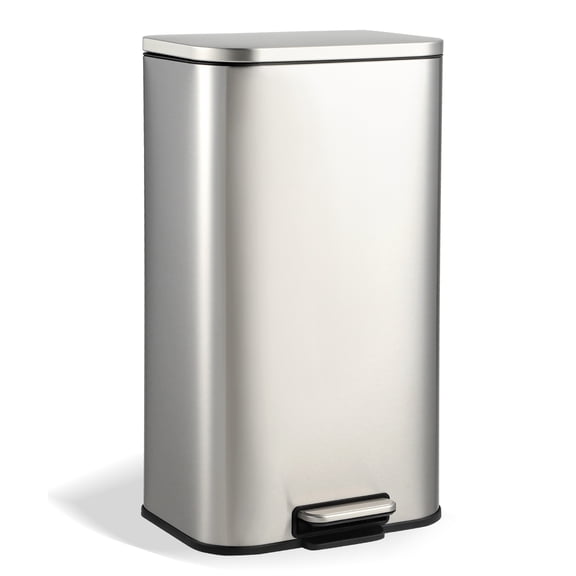 Fingerprint-Proof Stainless Steel Step Trash Can - 8 Gallon (30L) Rectangular - Soft-Close Lid, Removable Inner Bucket - White Pedal Garbage Bin for Kitchen, Bathroom, Office, Bedroom-Silver