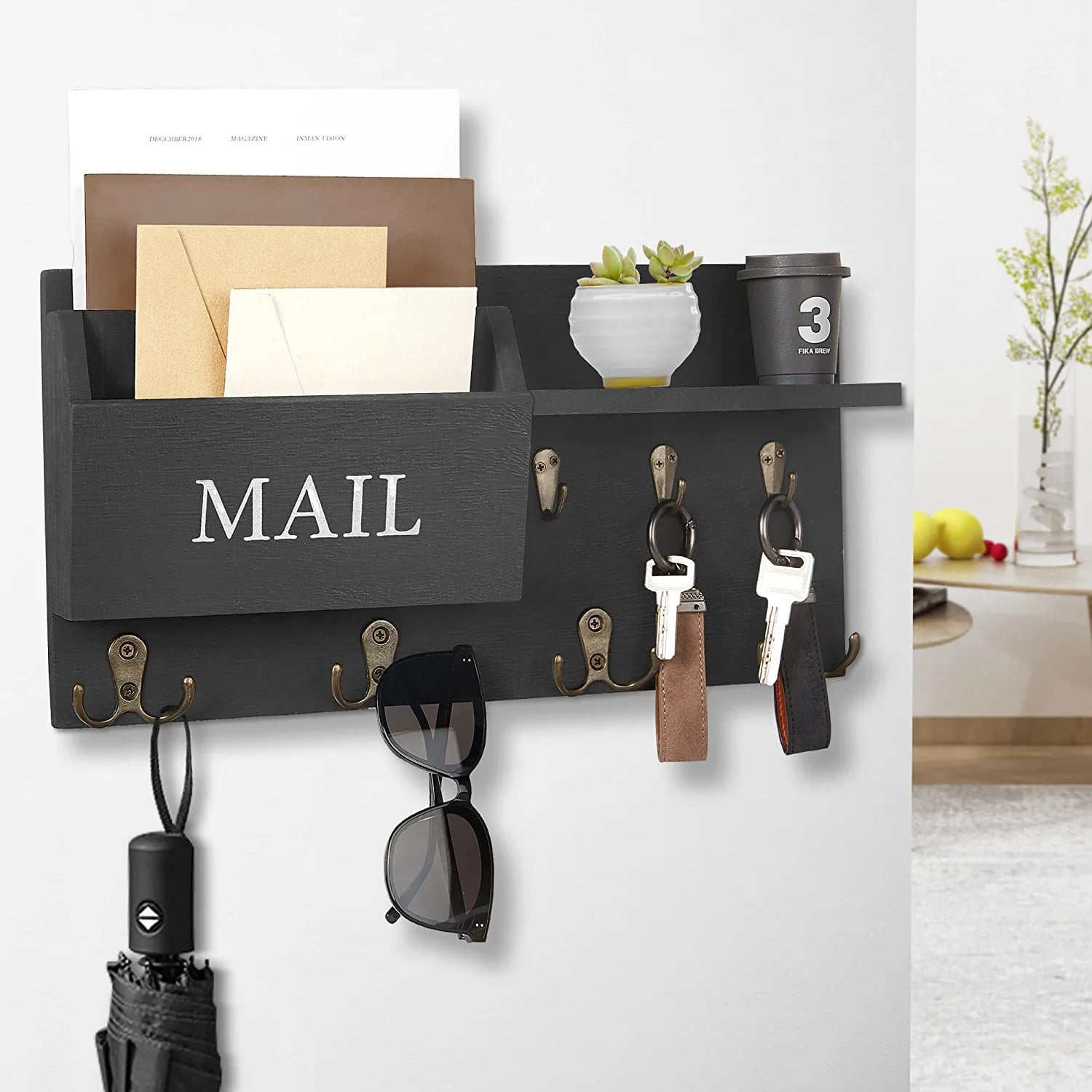 BUSATIA Black Key Holder for Wall with Mail Organizer and Double Hook Walmart