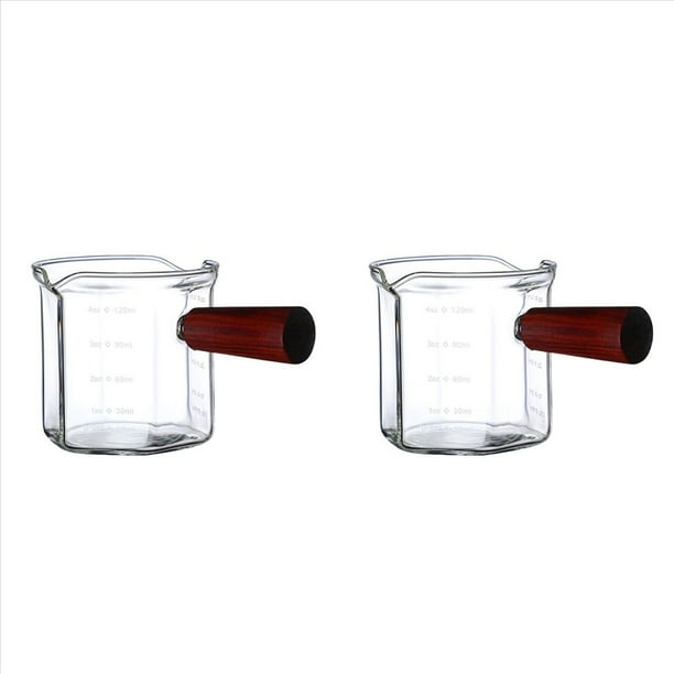 2X Medidora de Café Expreso de Vidrio con Manejar de Madera, Jarra de Leche de Doble Boca, Suministros de Café, Medidora de Cocina Transparente de 120Ml