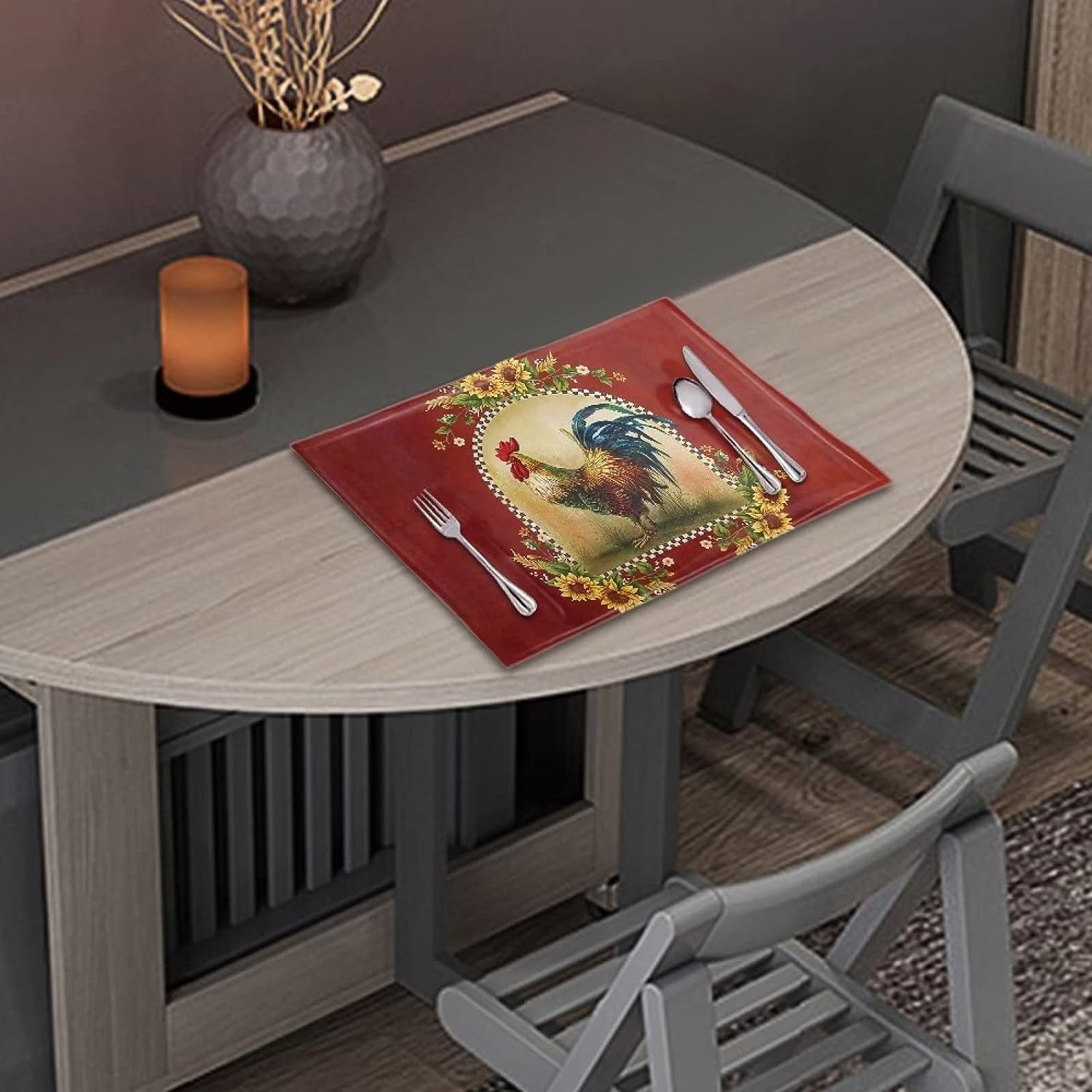Placemat linen Weave Table Mats Set of 4, Durable Scratch Resistant Waterproof Dining Table Place Mats for Kids Heat Stain Resistant Placemats, Chicken Sunflower Red