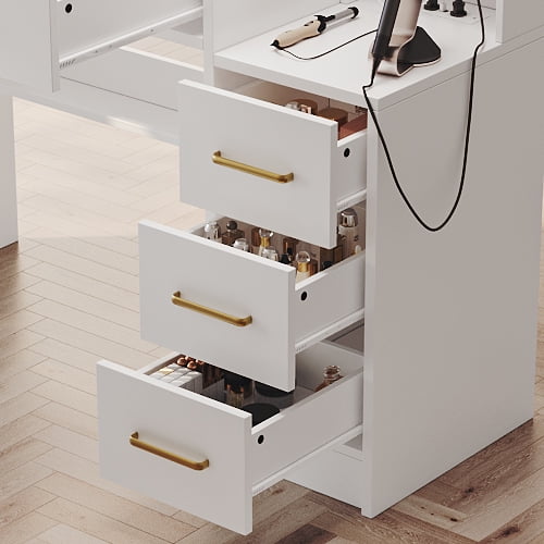 UGTOO 35.4" White Makeup Vanity Desk with LED Mirror, Solid Wood Frame, 5-Drawer Dressing Table, Gold Handles