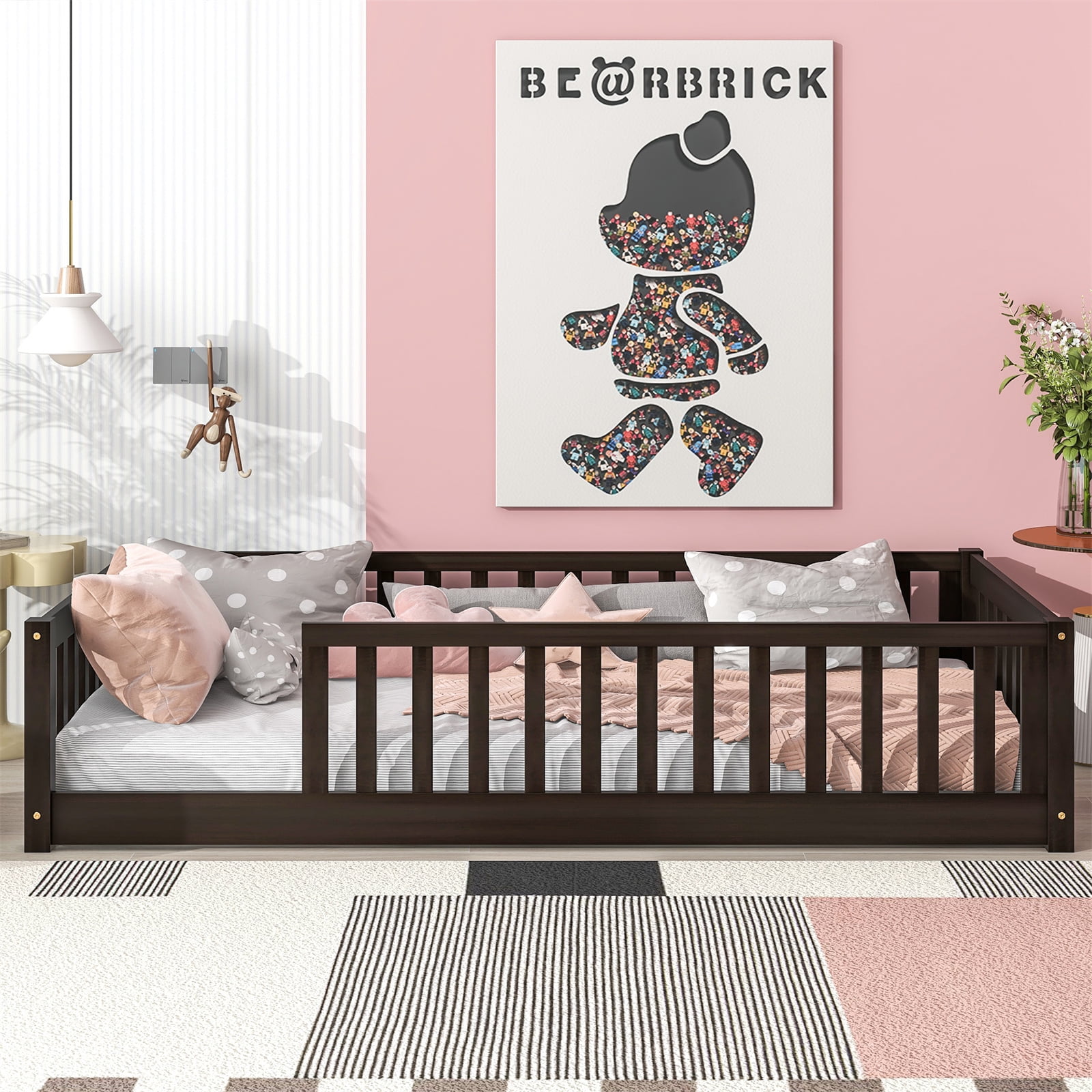 Twin Floor Bed with Fence for Kids, Solid Pine Wood Montessori Bed Frame with Guardrails and Slats System, Playhouse Design Platform Bed for Children Bedroom, Without Door, Espresso