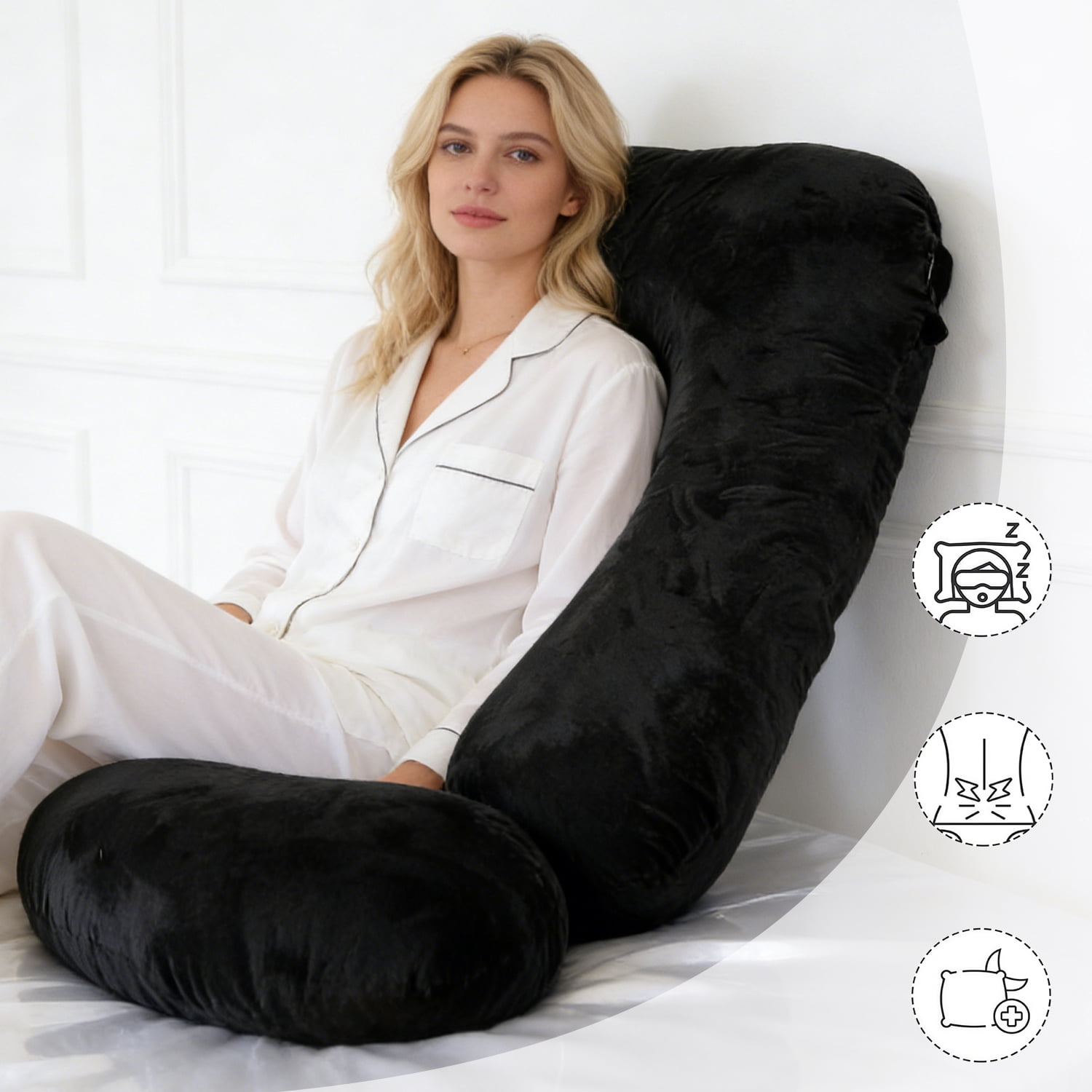 J-Shaped Pregnancy Pillow (65" x 16" x 8") - Full Body Maternity Support Pillow for Back, Hip and Belly Relief, Black