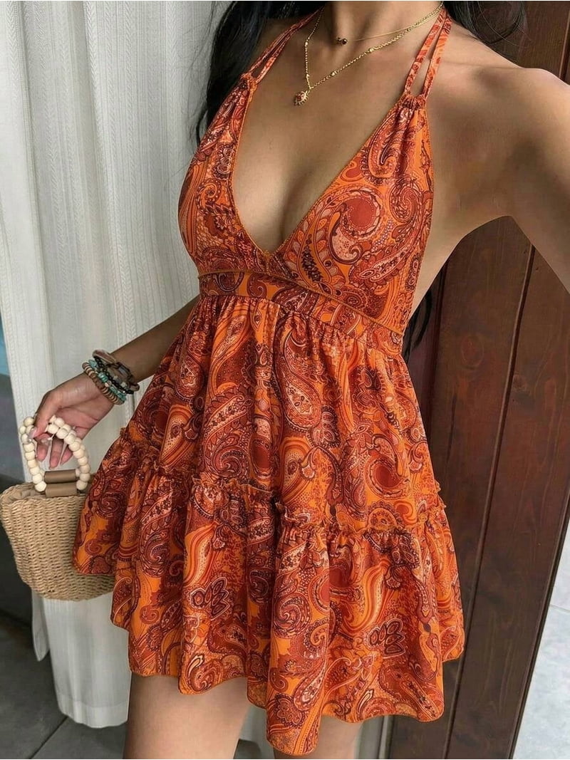 burnt orange backless dress Bohemian Paisley Print Halter V-Neck Tiered Mini With Tie Detail For Women BestCorset