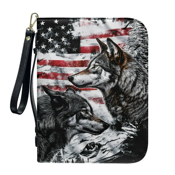 ZUXONGSY American Flag Wolf Print Leather Bible Case Stylish Bible Carrying Case for Women Men Scripture Bag with Detachable Wristlet Strap Classic Bible Accessories for Christian, XL