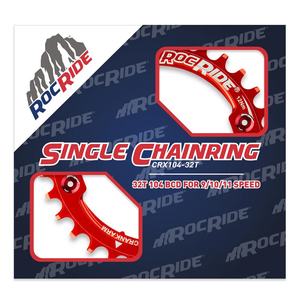 32T Narrow Wide Chainring 104 BCD Red Aluminum With 4 Red Aluminum Bolts By RocRide For 9/10/11 Speed. - image 2 of 5