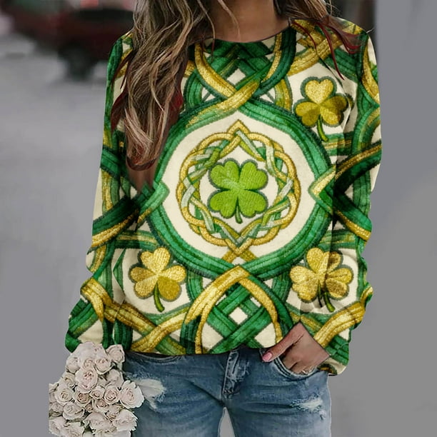 Uootdi Oversized St Patricks Day Sweatshirts for Women Irish Saint Pattys Shamrock Crewneck Long Sleeve Shirts Holiday Trendy Pullover Tops Gift