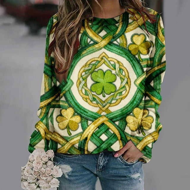 Uootdi Oversized St Patricks Day Sweatshirts for Women Irish Saint Pattys Shamrock Crewneck Long Sleeve Shirts Holiday Trendy Pullover Tops Gift