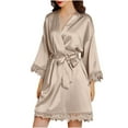 thumbnail image 3 of QUYUON Womens Satin Robe Silk Kimono Bathrobe Bridesmaid Wedding Bridal Party Robes Women 3/4 Sleeve Lace Trim V Neck Pajamas Short Nightgown Lingerie Sleepwear with Belted Khaki-C L, 3 of 8