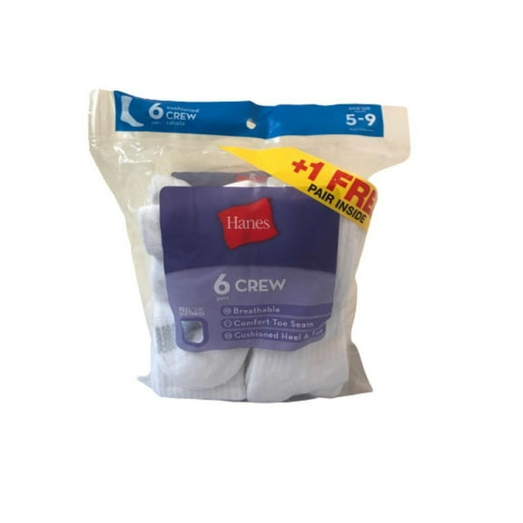 Hanes Women's 6 Pairs Plus 1 Free, White Cushioned Crew Socks, Size 5-9