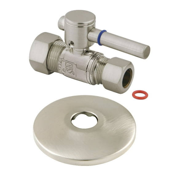 Kingston Brass CC44458DLK 5/8" OD Comp x 1/2" OD Comp Quarter-Turn Straight Stop Valve with Flange, Brushed Nickel