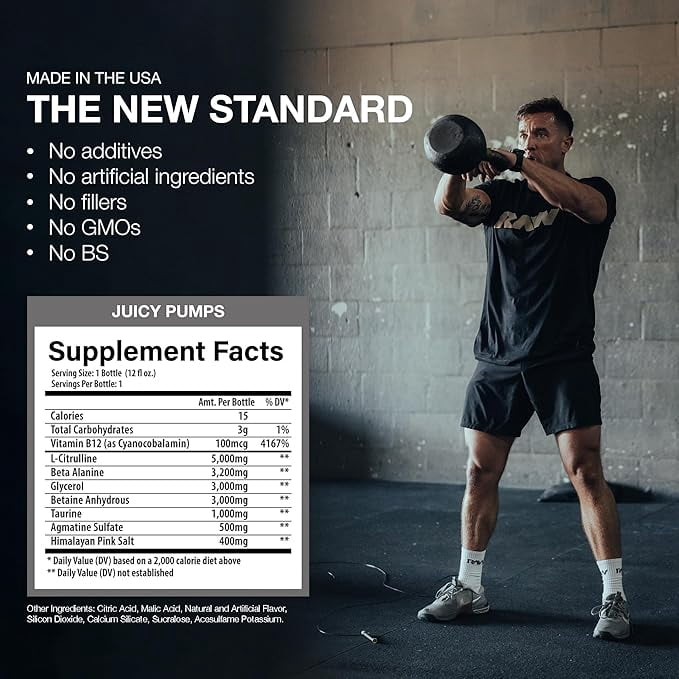 RAW Ready to Drink Pre-Workout Drink, Juicy Pumps (White Cherry) - Bum Pump RTD Zero-Sugar Energy Supplement Drink - Caffeine-Free & Sugar-Free Energy Drinks with L-Citrulline, 12 Fl Oz