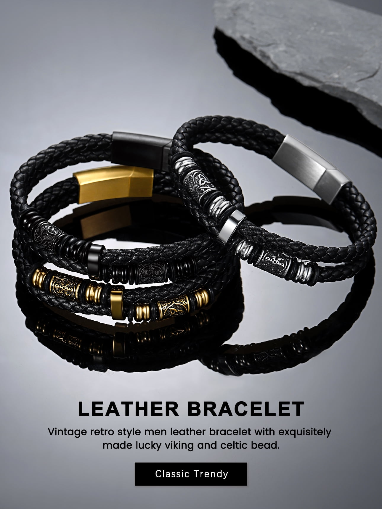Bestyle Gold Plated Leather Bracelets for Men, Fashion Stainless Steel Celtic Beaded Wristband Gifts for Birthday Valentine's Day, 8.3 Inch