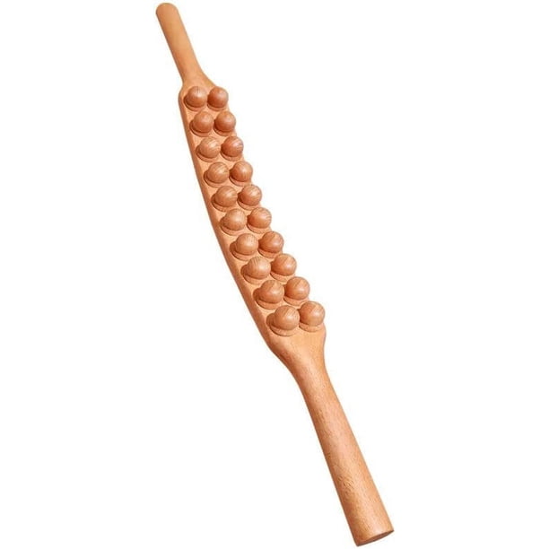 Nvzi Palo de masaje raspador de madera natural, doble fila, 20 cuentas, masajeador corporal para espalda y piernas, herramienta de terapia de spa, tratamiento de puntos Gua Sha Relax, 1 unidad