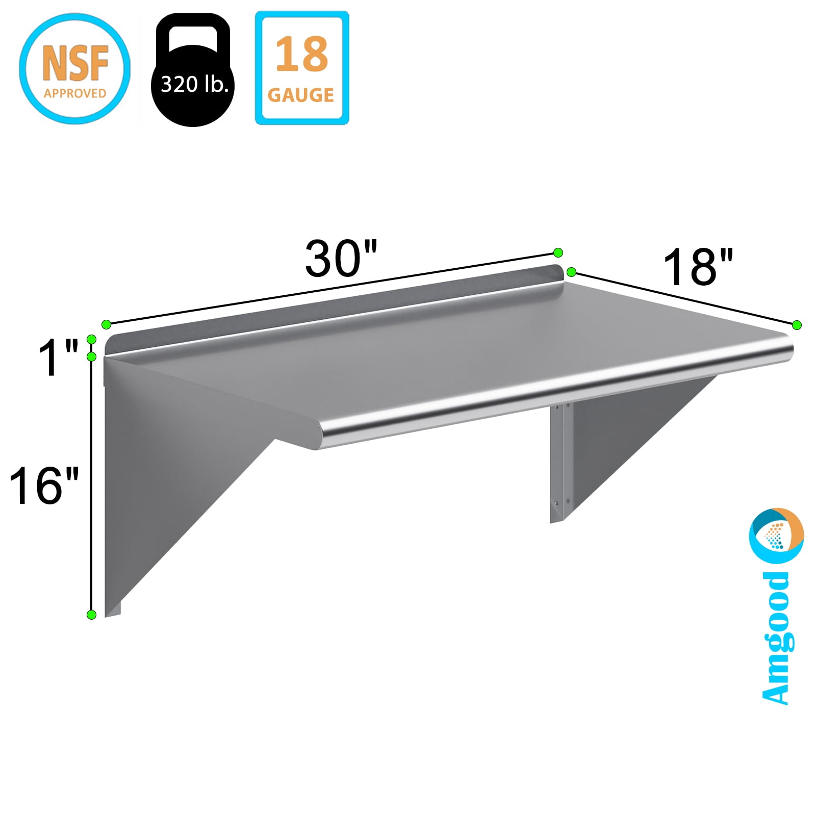 AmGood 18 in. x 30 in. Stainless Steel Wall Shelf | NSF Certified | Appliance & Equipment Metal Shelving | Kitchen, Restaurant, Garage, Laundry, Utility Room