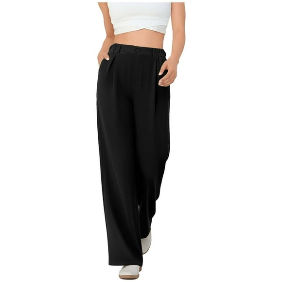 Amzcrzy Pantalones Vestir Mujer Color Liso S-2XL - Cintura Alta Elástica, Pliegues Frontales, Sin Cremallera, Bolsillos, Para Trabajo Negro