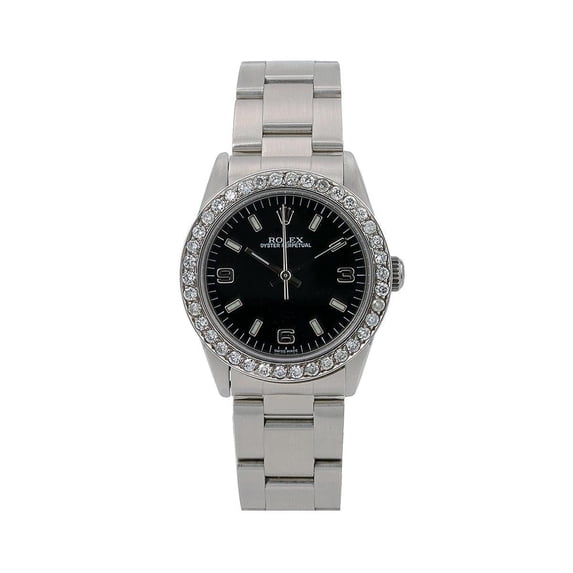 Pre-Owned Rolex Oyster Perpetual 31MM 77080 Black Arabic Dial Diamond Bezel Stainless Steel Oyster Bracelet 0.9ct
