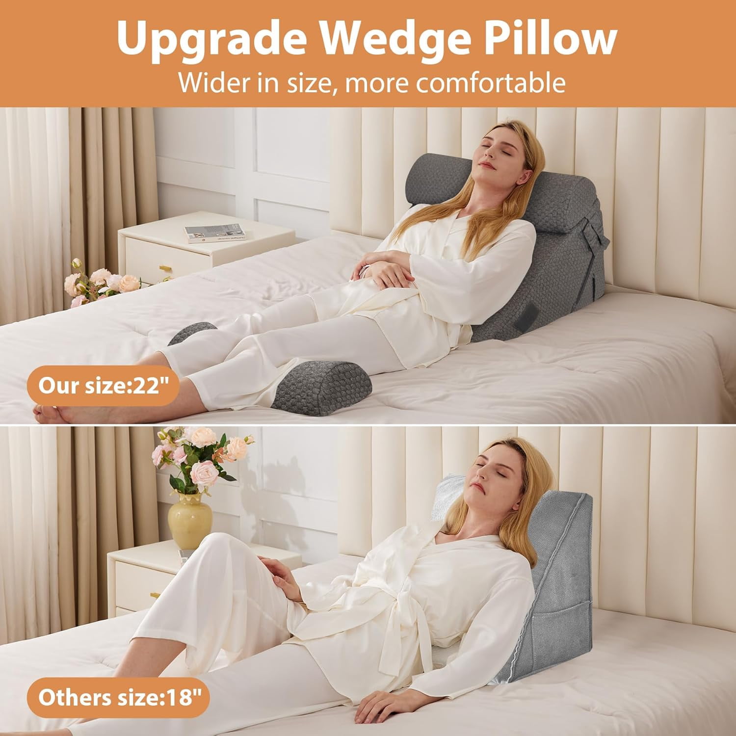 Adjustable Memory Foam Wedge Pillow Set for Sleeping, Acid Reflux & Post-Surgery Support, Orthopedic Bed Wedge for Neck and Back, 9 & 12 Inch, White/Grey