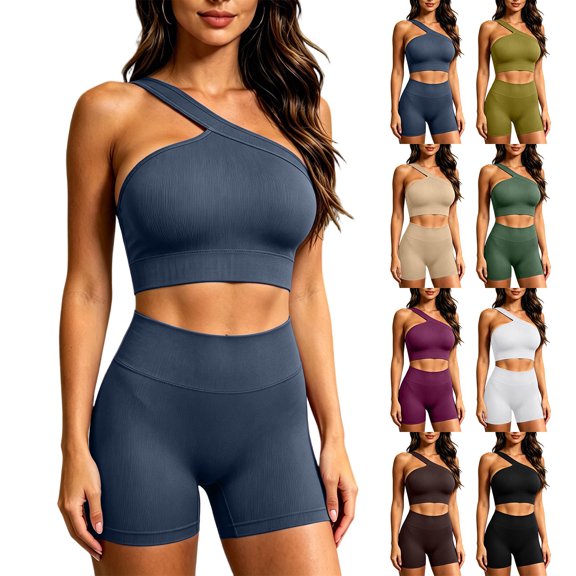 Miqool Women's 2-Piece Workout Set One Shoulder Sports Bra and High Waist Biker Shorts Seamless Ribbed Activewear Yoga Gym Outfits