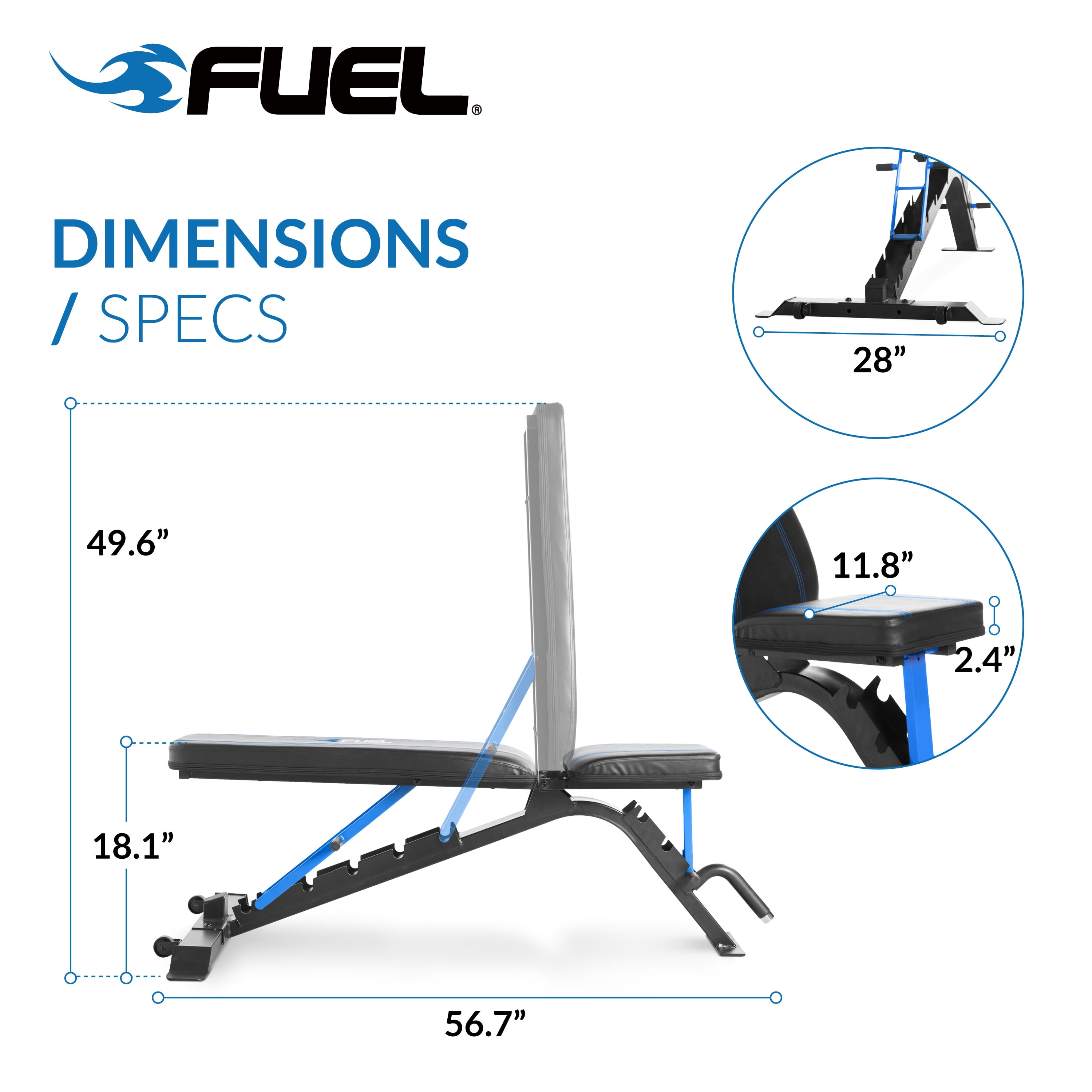 Fuel Pureformance Adjustable FID (Flat Incline Decline) Workout Bench, 500lb Capacity