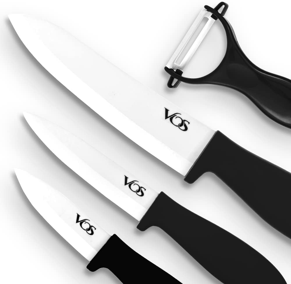 Vos Ceramic Knives for Kitchen Three Knife Set With 3 Covers a Peeler