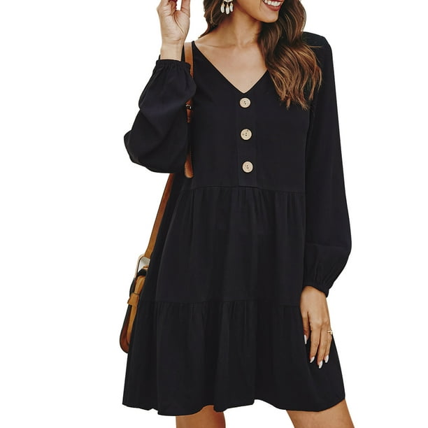 Vestido de mujer con cuello en V, manga larga, suelto, ropa de otoño, color sólido, con botones de cintura alta, negro, S Noticed AP003891-01