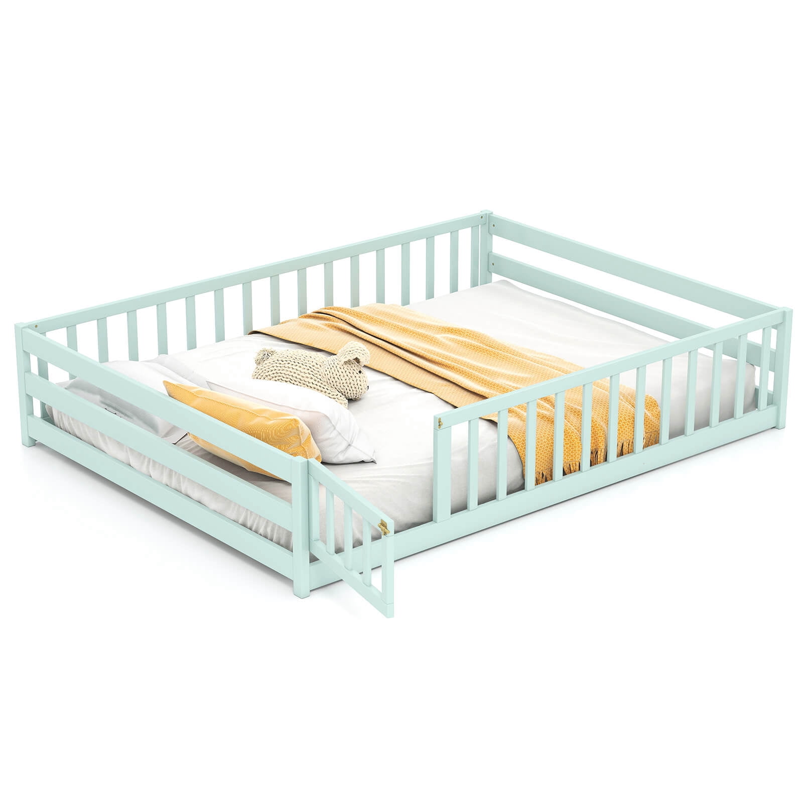 Costway Full Size Floor Bed with Full Length Safety Guardrails & Door for Boys, Girls Mint Sky