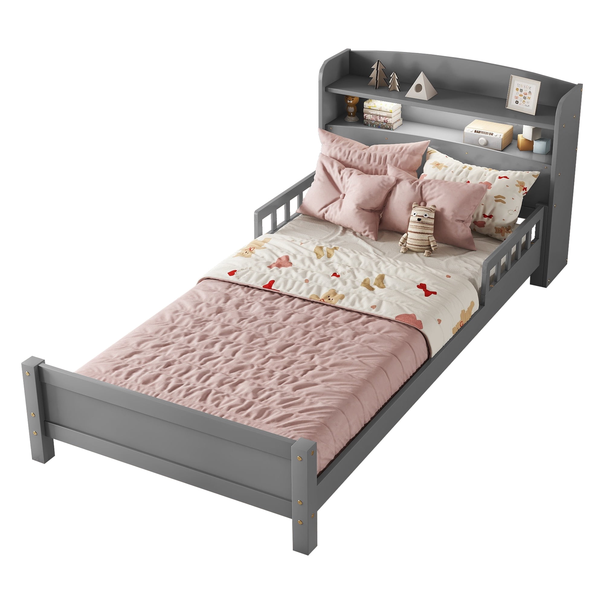 Sailvan Twin Pine Wood Bed with Bookcase Headboard ,LED Motion Sensor Light, Guardrails