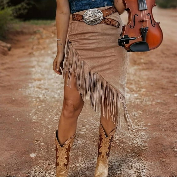 MORTTIC Women's Vintage Solid Color Fringe Hem Asymmetrical Suede Skirt High Elasticity Skinny Fit Knit Stretch Boho Casual Skirt for Spring Summer