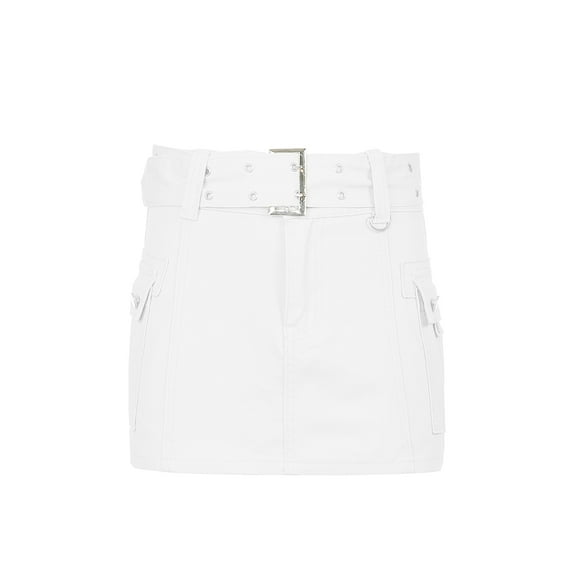 Gureui Women's Bodycon Belted Mini Skirt, Mid Waist Solid Color Slim Fit Above Knee Length Short Skirt with Flap Pockets Daily wear
